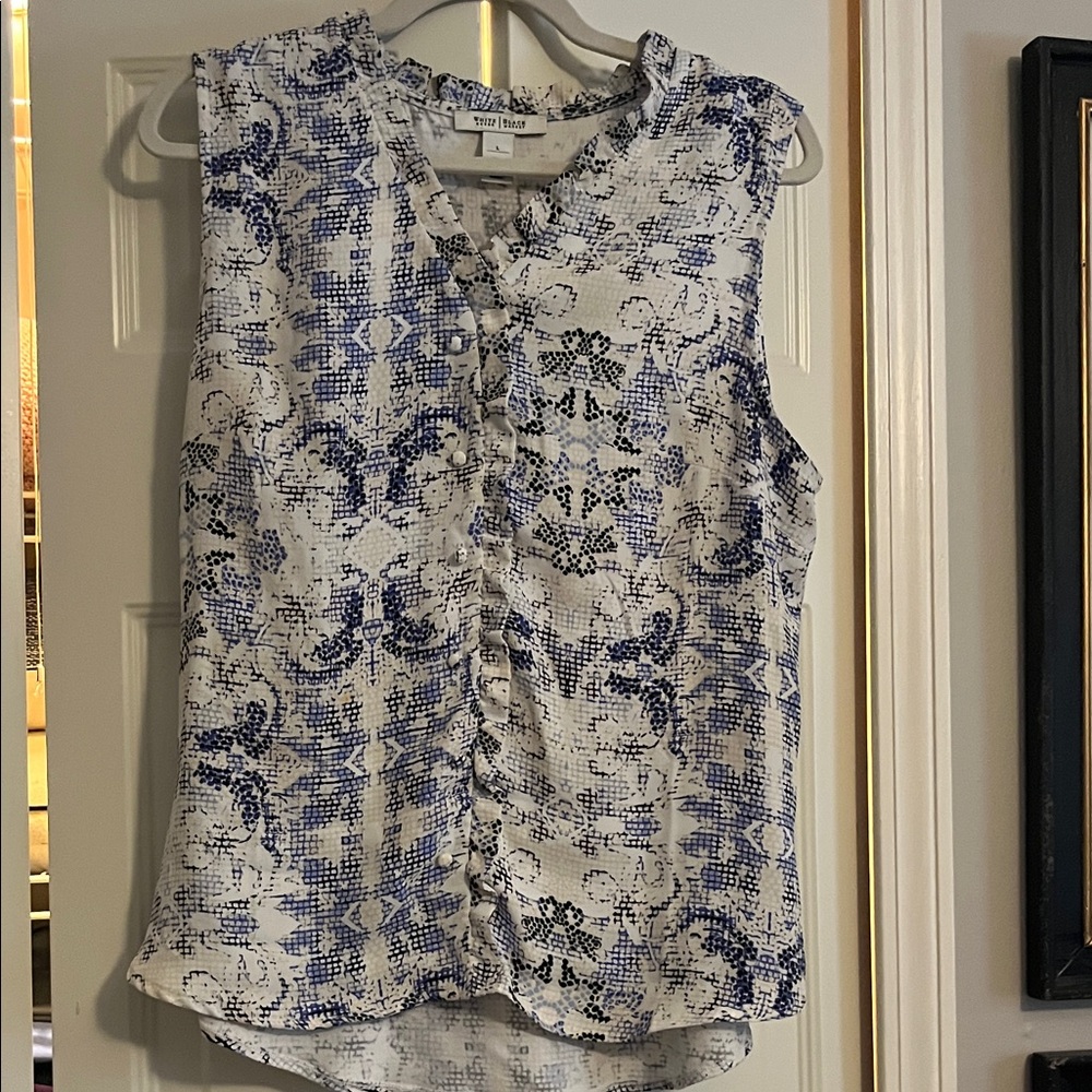 White House Black Market Blue and White Sleeveless Blouse